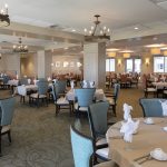 Residents can enjoy various meals throughout the day in the main dining room.